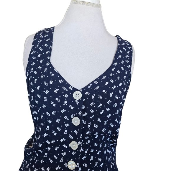 VTG 90s Size‎ M Navy Floral Shirt Dress Long Maxi Sleeveless Rayon Laceup Back - Picture 3 of 11